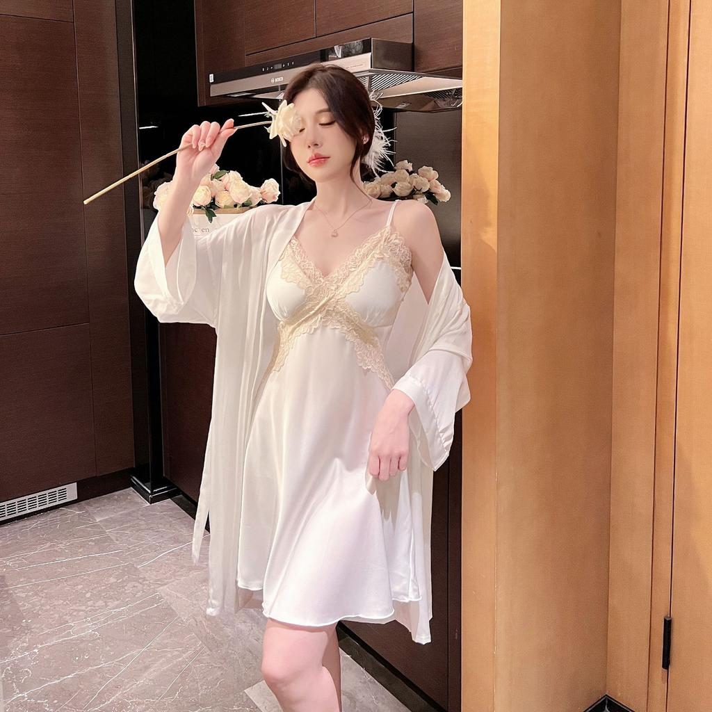 Sexy pajamas women's ice silk summer lace with chest pad suspender nightdress two-piece nightgown loungewear can be worn outside