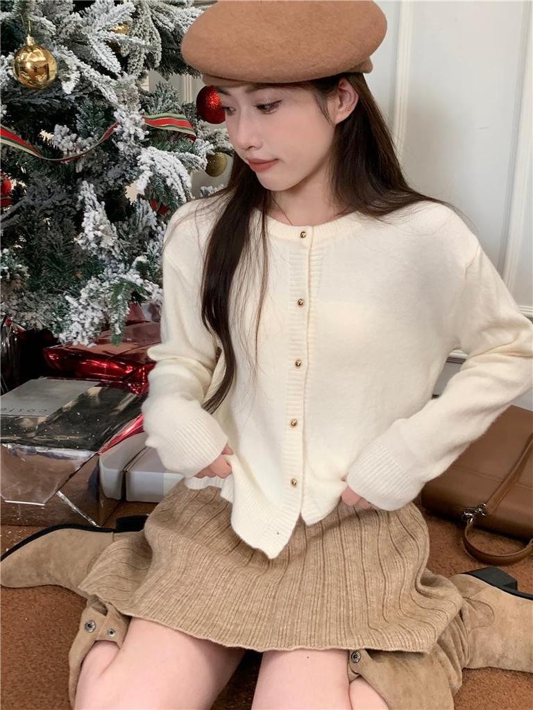 2024 Stylish Red Gold-Buckled Christmas Sweater Jacket for Women