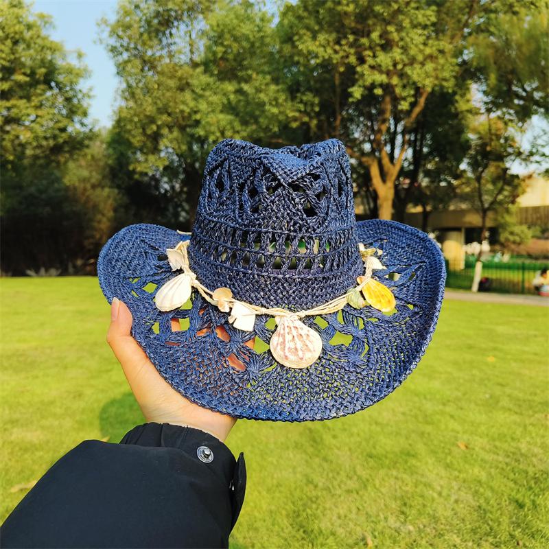 Cowboy Straw Hat for Women Fashion Seashell Straw Cowboy Hat Beach Summer Cowboy Sunshade Jazz Hat Sombrero Vaquero Hombre