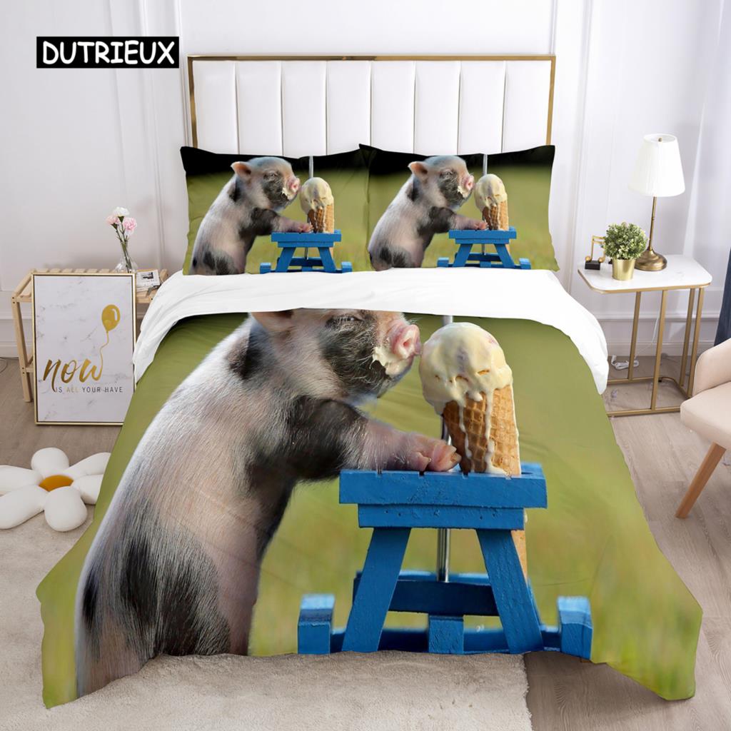 Pig Duvet Cover Set Queen Size Microfiber Cute Pig Animal Theme Twin Bedding Set Farm Animal 2/3pcs Quilt Cover for Boys Girls