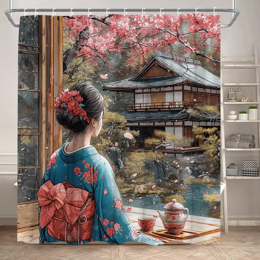 Azjatka Zasłona Prysznicowa Japońskie Kimono Kwiat Wiśni Krajobraz Malarstwo Tuszem Sztuka Poliester Tkanina Dekoracja Łazienki Zestaw Zasłon