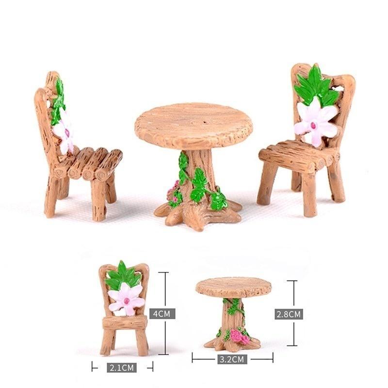 Fairy Garden Decorations Dollhouse Accessories 3Pcs/Set Floral Wooden Table Chairs Miniature Landscape Ornaments