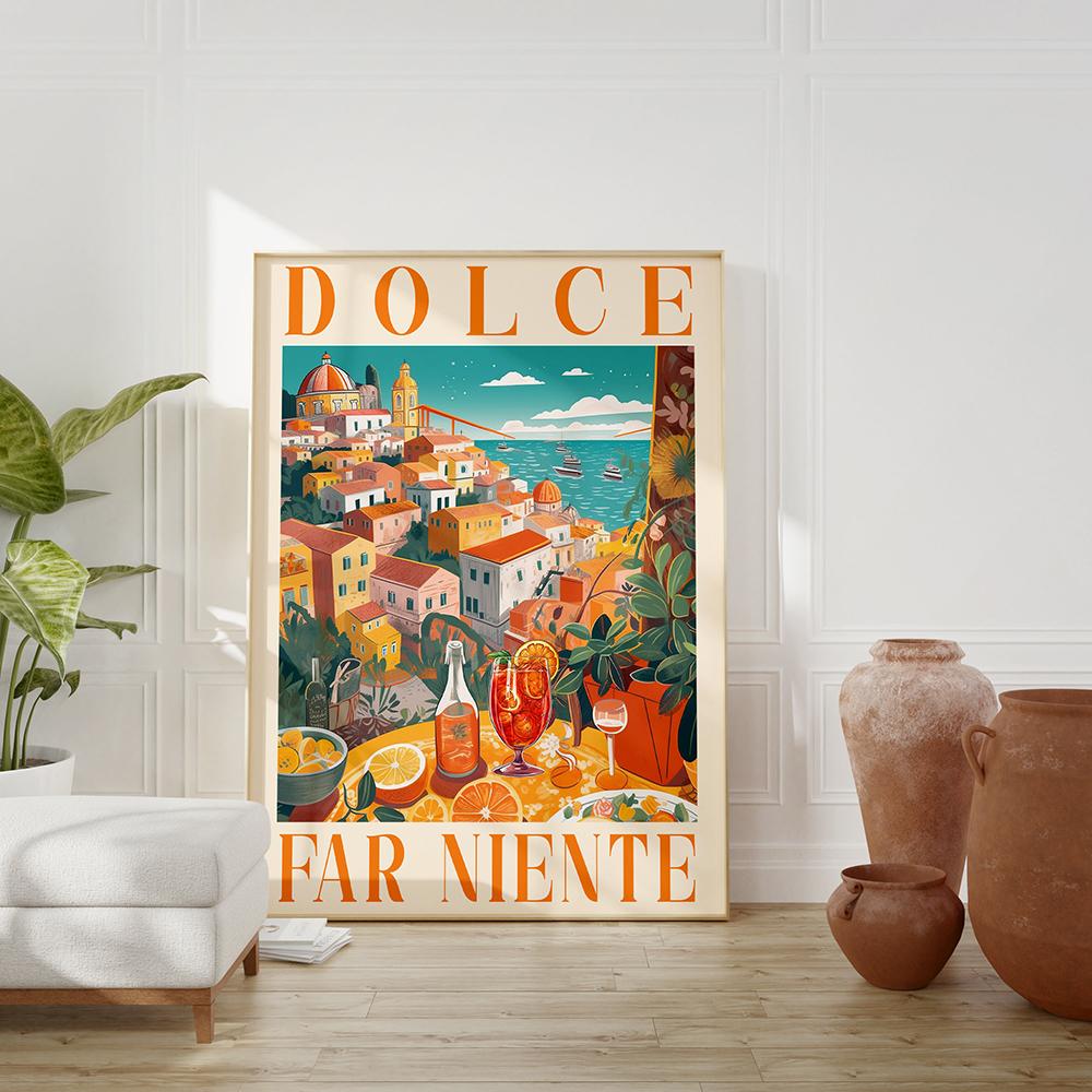 La Dolce Vita Poster And Print Retro Spritz Cocktail Canvas Painting Positano Italy Amalfi Coast Travel Wall Art Bedroom Decor