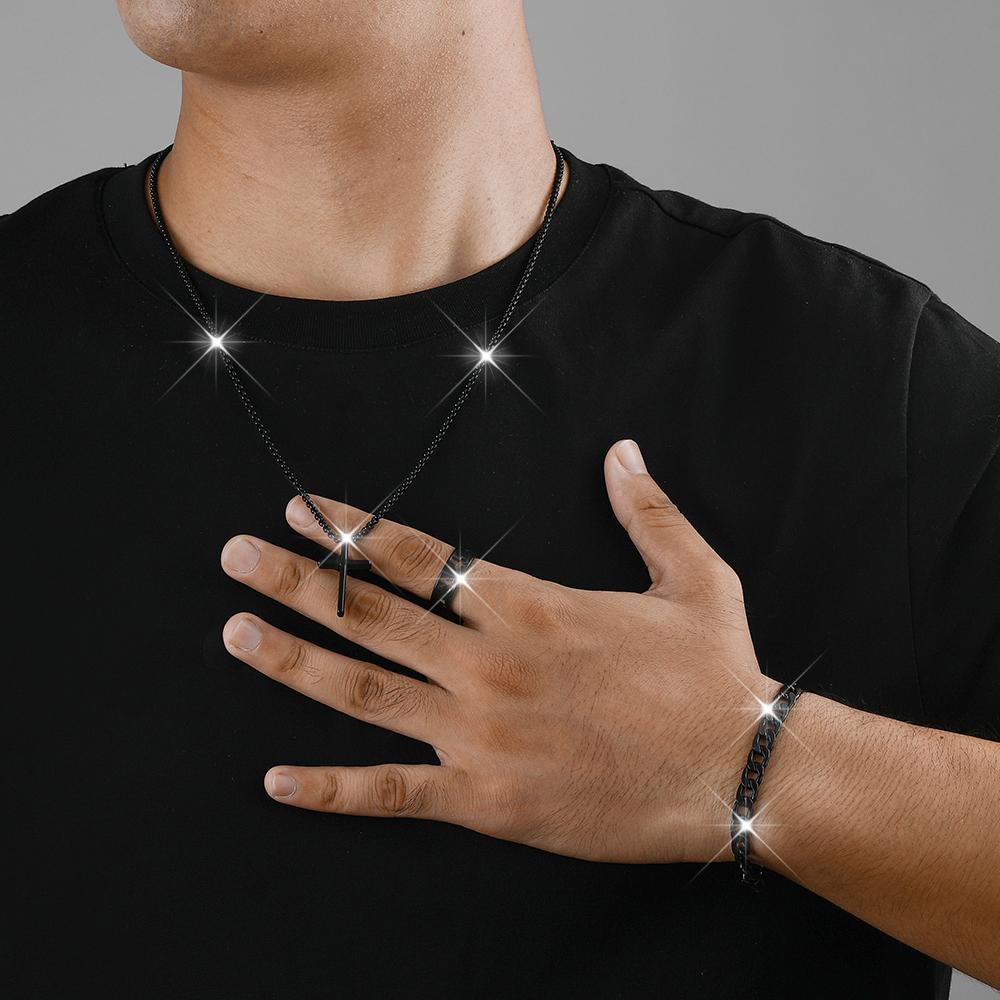 3 Piece Men Fashion Personality Simple Black Stainless Steel Non Fading Cross Necklace Ring Bracelet Set Accessories