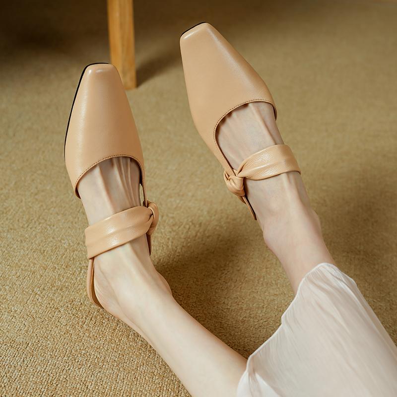Fashion 2025 NEW Summer Women Mules Genuine Leather Women Shoes Square Toe Chunky Heel Cover Toe Slingback Sandals Modern Slippers