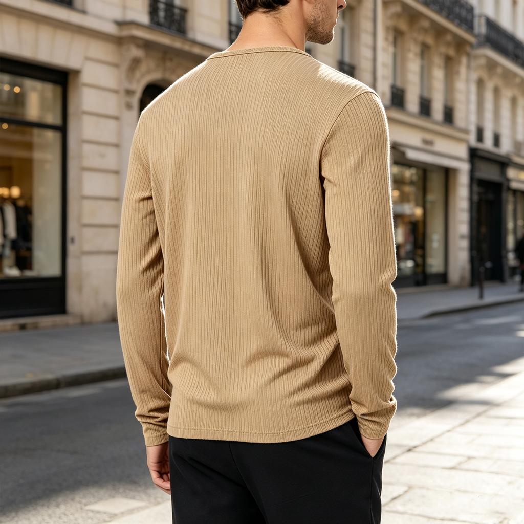 Men's Ribbed Shirt Long Sleeve Pullover Top for Fall Casual Everyday Wear