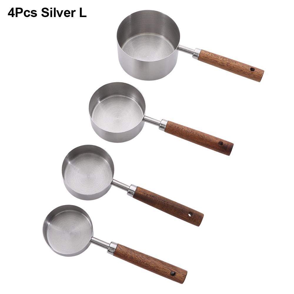 4Pcs Stainless Steel Measuring Cup Spoon Wooden Handle Gold Silver Coffee Measuring Spoon Black 1.25-250ml Baking Tool