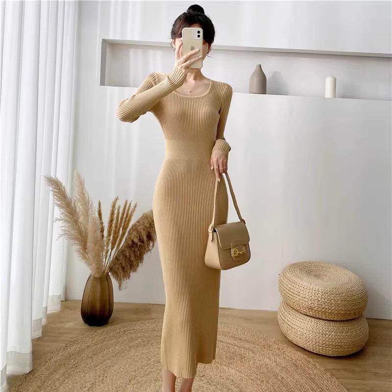 Women's French U-Neck Knit Dress: Autumn/Winter Slim Fit, Waist-Cinched, Bodycon Sweater Skirt