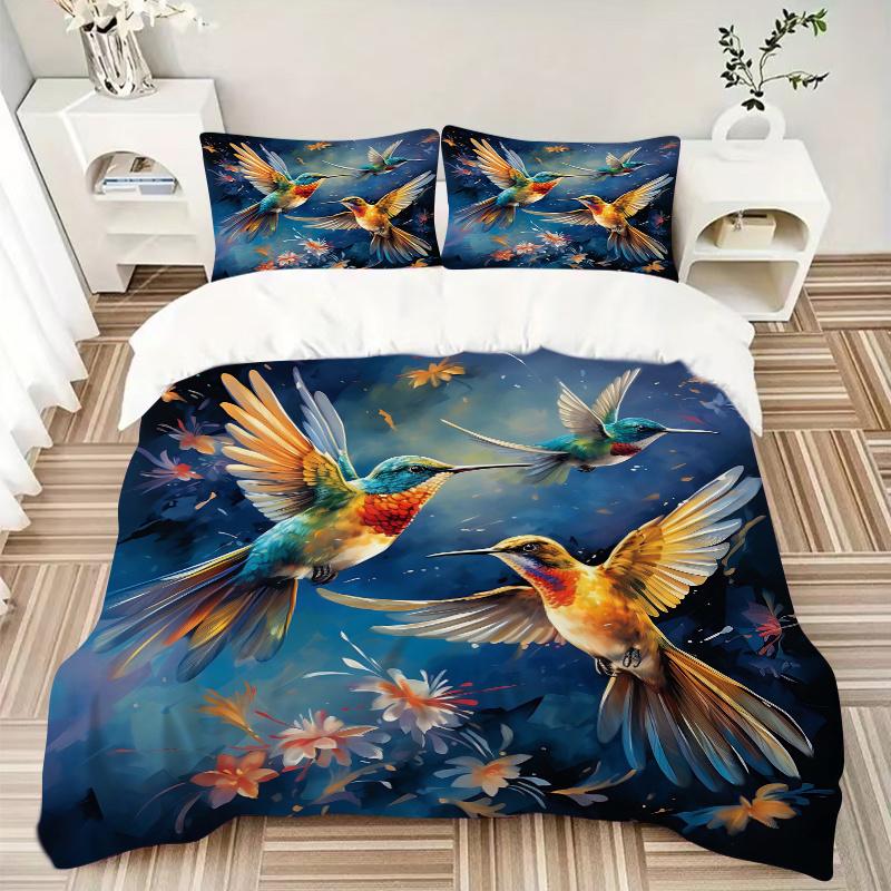 3pcs Whimsical Dance of Hummingbirds Pattern Bedding Three-Piece Set (1 Cover + 2 Pillowcases, No Fillings), This Printed Bedding Set Is Soft and