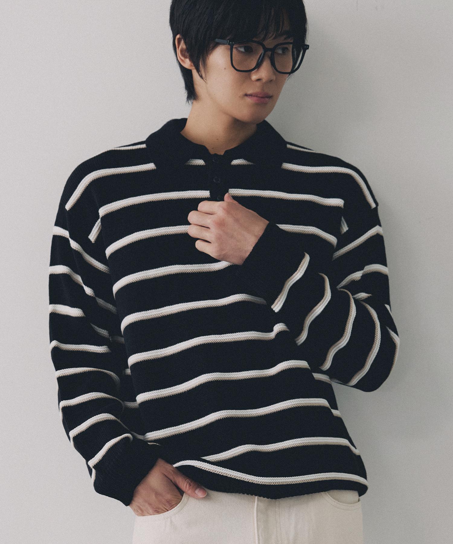 Nod You Multi-Color Collared Stripe Knit T-Shirt [Black] M