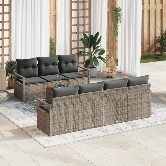Ensemble de Canapés de Jardin vidaXL 8 pièces avec Coussins Gris Rattan Poly Acacia, Canapé de Jardin 2 Places vidaXL avec 3347664