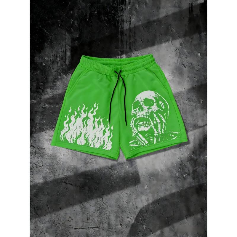 European and American Men's Summer Flame Skull Print Comfortable and Breathable Drawstring Shorts for Outdoor Leisure Vacation
