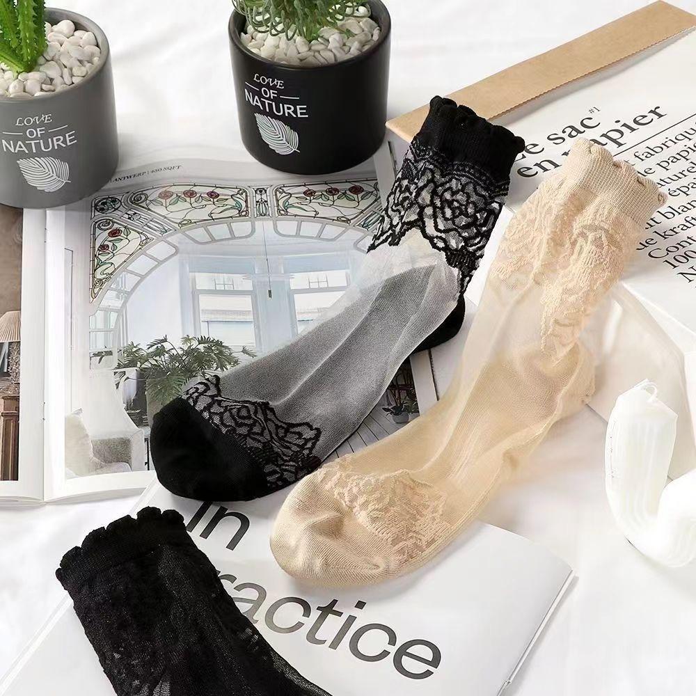 3 Pairs of Women's Summer Socks with Lace Crystal Silk Stockings Sweat Absorbing Breathable Lotus Leaf Edge Lace