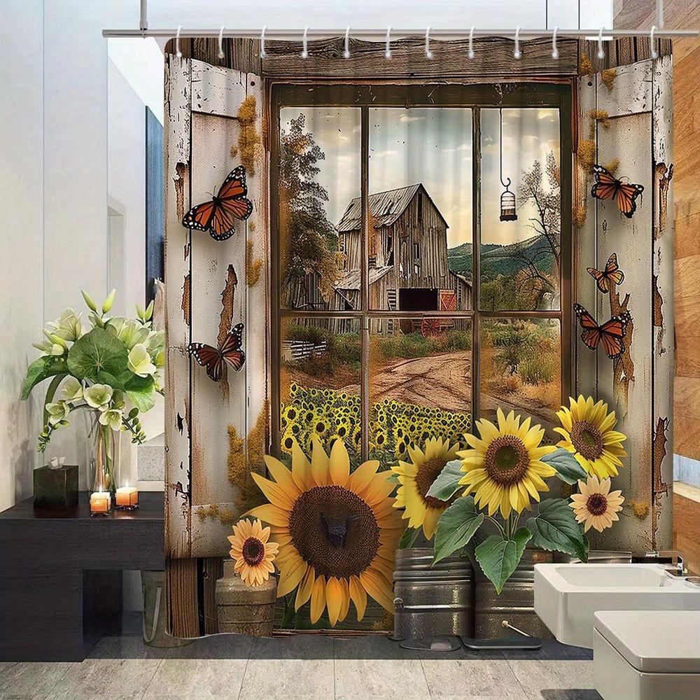 Country Landscape Shower Curtain - Sunflower & Butterfly Farm Style, Window Pattern, Polyester Bathroom Decor, 12 Hooks
