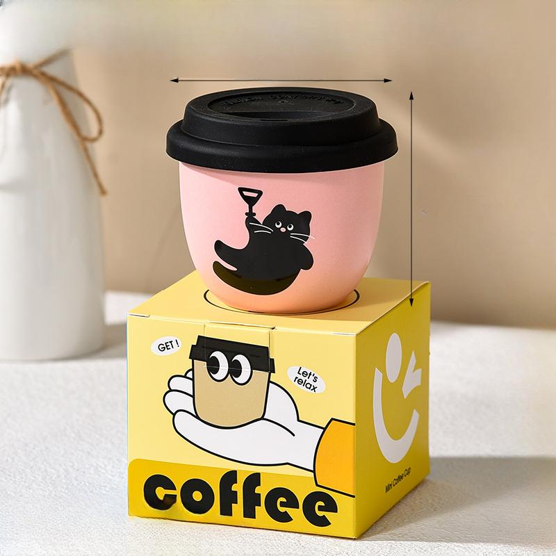 Pink Coffee Cup Holding Cup Small Capacity Girl Winter Hand Warmer Cup Ceramic with Silicone Lid Kitten Latte Cup