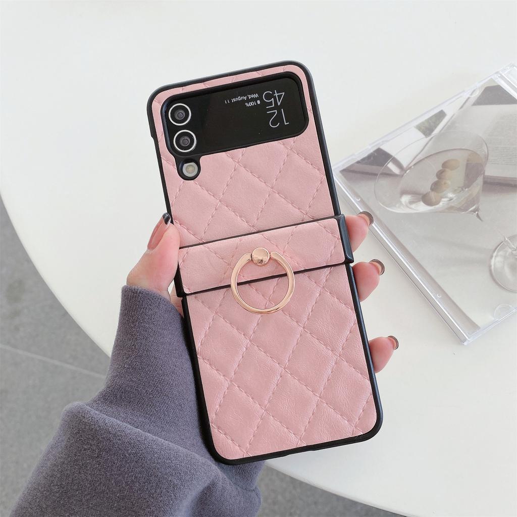 Luksus Rhombus Skinn Glitter Ring Brakett Veske til Samsung Galaxy Z Flip 3 4 5G Z Flip3 Zflip5 Flip4 Zflip5 deksel med holder