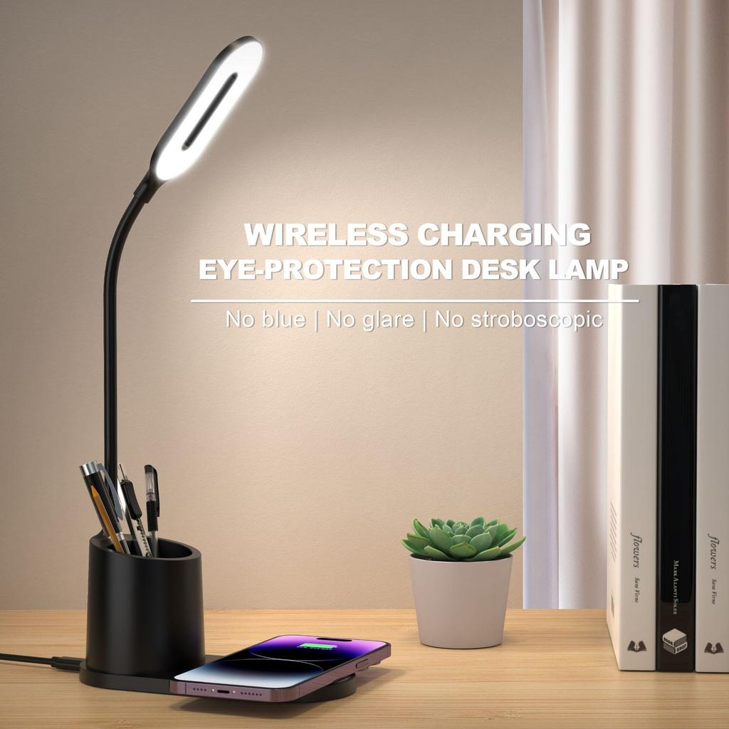 3-in-1 Pen Holder Desk Lamp with 15W Wireless Fast Charging, QC2.0 Protocol, TYPE-C Power, 360° Flexible Pole & 3-Color Stepless Dimming