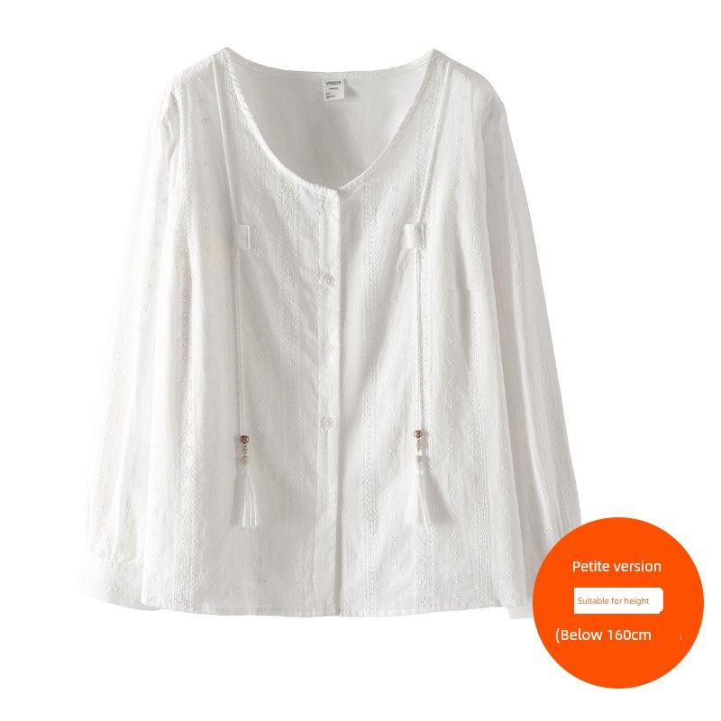 

Plus size women clothing [This Year s Popular Shirt] Autumn Chubby Girl Texture Hollow Embroidery Tassel Long sleeve Shirts Rice White (below 160cm) 7xl
