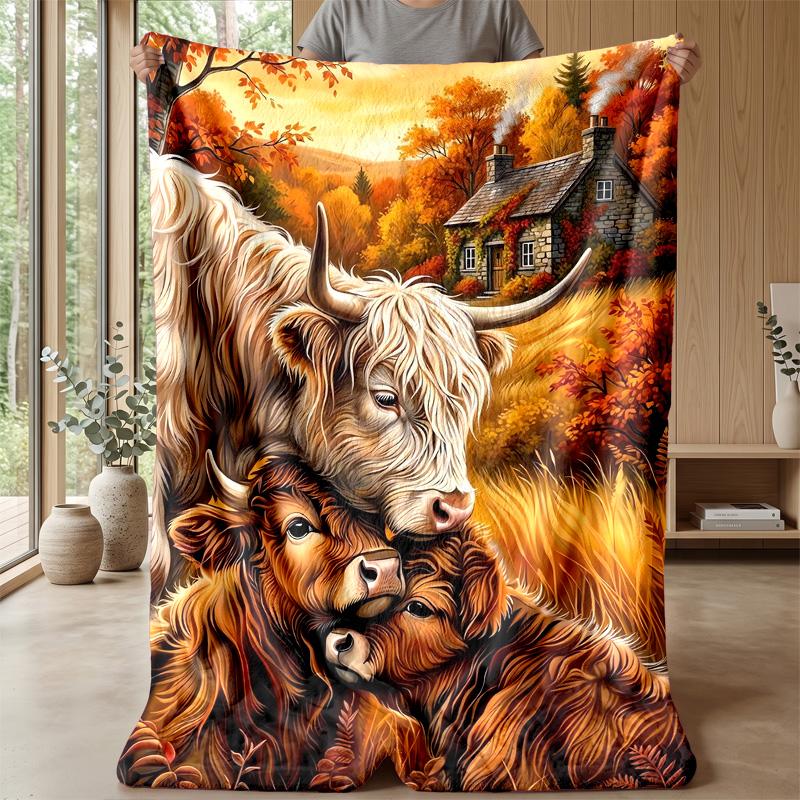 Highland Cows Art Theme Blanket Lightweight Warm Flannel Blanket Decorative Throw Blanket for Home Decoration