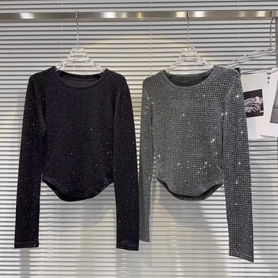 Damska koszulka wiosenno-jesienna z kryształkami na całej powierzchni, zaokrąglonym dołem, eleganckim dopasowanym topem typu pullover z okrągłym dekoltem