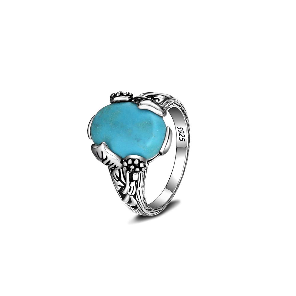 S925 Silver Oval Natural Turquoise Ring for Men and Women