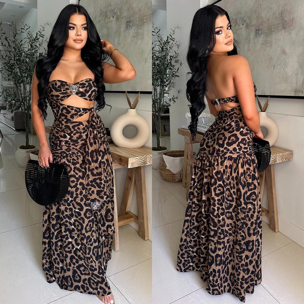 C7501 Leopard Print Off-Shoulder Backless Dress - Women's Sexy European & American Fashion