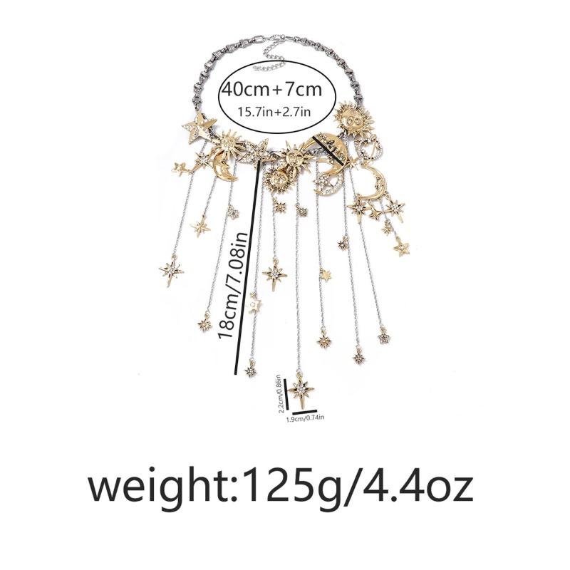 Exaggerated alloy inlaid with zircon sun, moon and stars multi-pendant tassel necklace