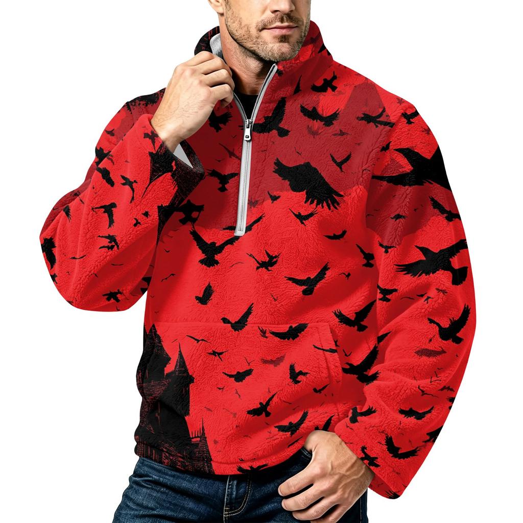 Men's Halloween Print Flannel Zip-Up Sweatshirt, Plus Size Stand Collar Casual Fall Winter Top
