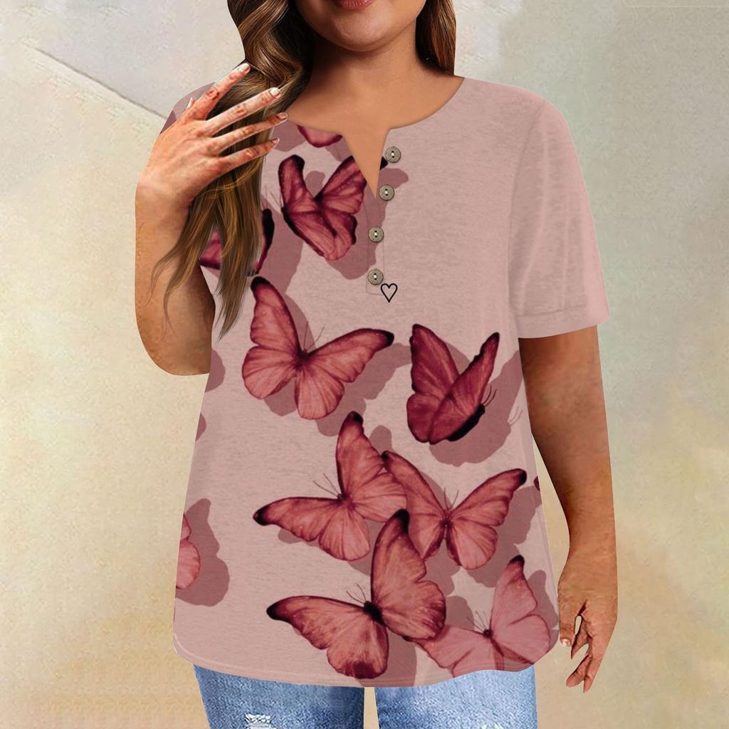 Dámské tričko s krátkým rukávem s knoflíkem a tričkem větší velikosti s květinovým potiskem