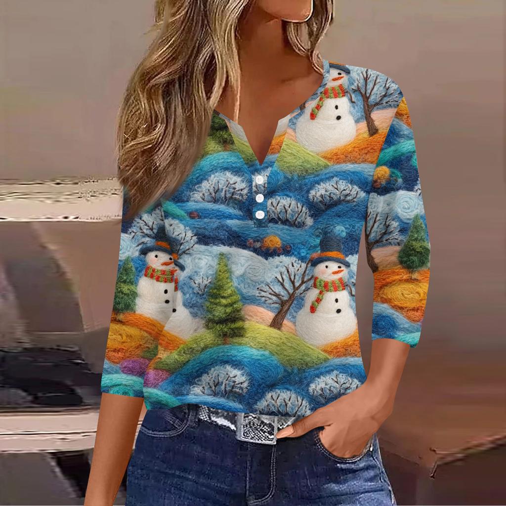 Women's Casual Fashion V-neck Loose Versatile Christmas Print Three-quarter Sleeve Top