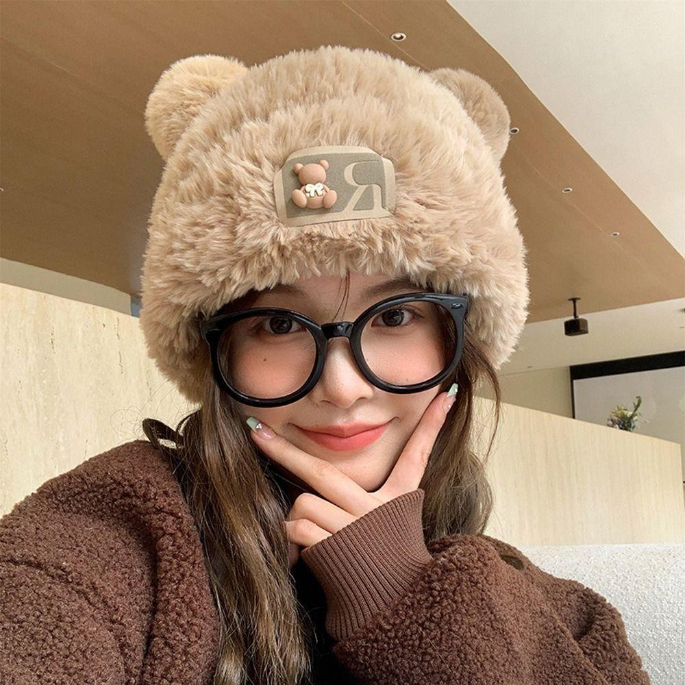 Warm Y2K Bear Ear Hat Cute Beanies Caps Fashion Winter Plush Bear Hat Women