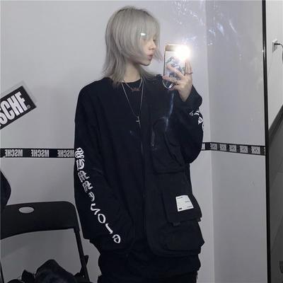 Gothic Harajuku Oversized T Shirts Women Korean Letter Print Tees Black Long Sleeve Tops Spring Kpop Alt Clothing