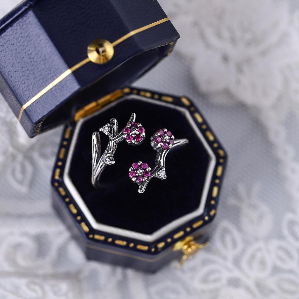 S925 Sterling Silver Pink Plum Blossom Open Ring - Vintage Floral Oxidized Jewelry for Women