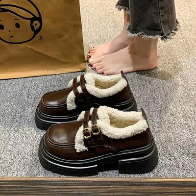 Britischer Stil kleine Lederschuhe Winter Plüsch Mützen Schuhe Neujahr Warm Plateau Baumwollschuhe Einzelne Schuhe