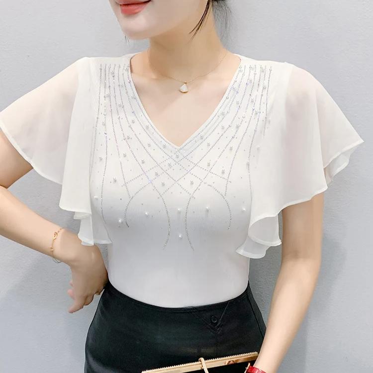 Summer European Women T-Shirt Clothes Sexy V-neck Luxury Hot Diamonds Tops Chic Female Short Sleeve All Match Tees