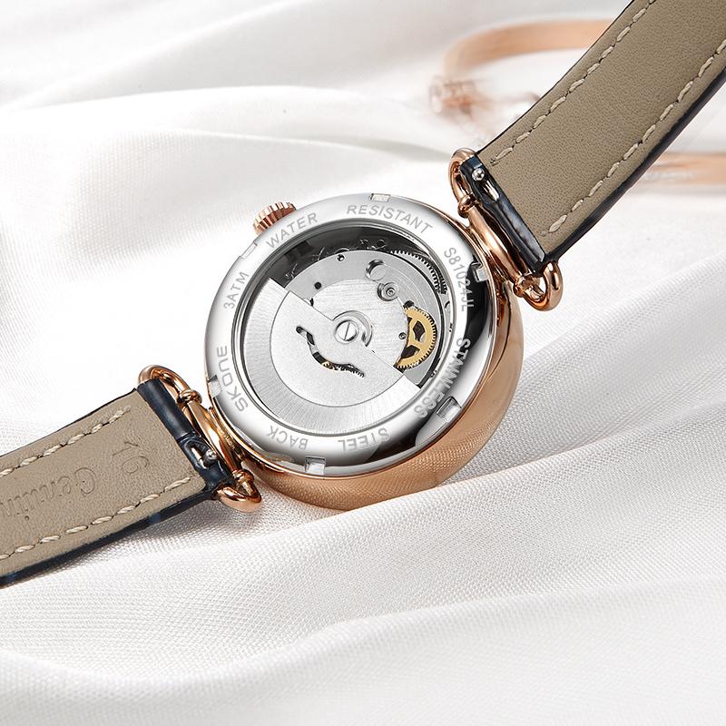 Luxury Automatic Mechanical Watch For Ladies Waterproof Blue Leather Strap Ladies Wristwatch Women Female