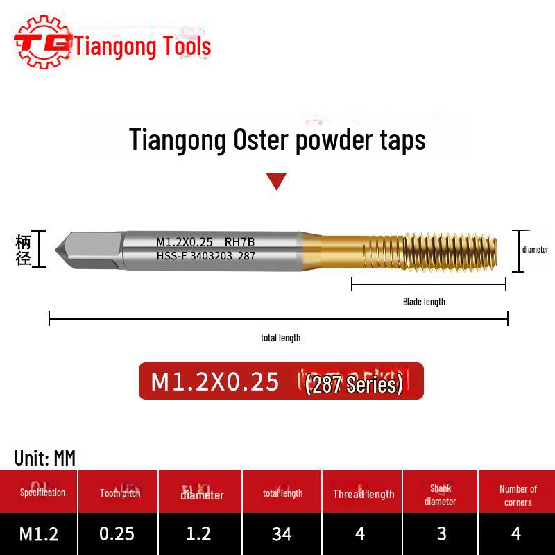 Tiangong Oster High-Speed Steel Blind Hole Taps, Powder Metallurgy, M1-M12, Coarse & Fine Tooth for Stainless Steel Tapping