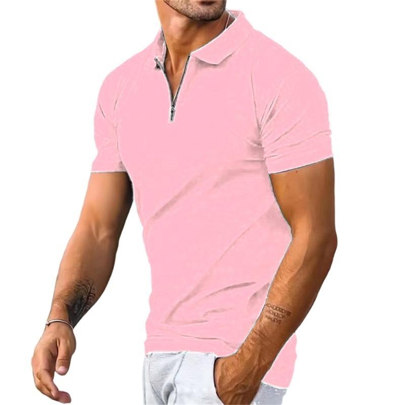 Men Solid Color Zipper Short Sleeve Polo Shirt Casual Top