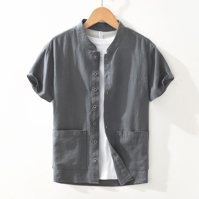 New Chinese Style Retro Cotton Linen Stand Collar Short sleeve Shirts Men's Japan fashion Artistic Summer Shirt Outerwear Thin