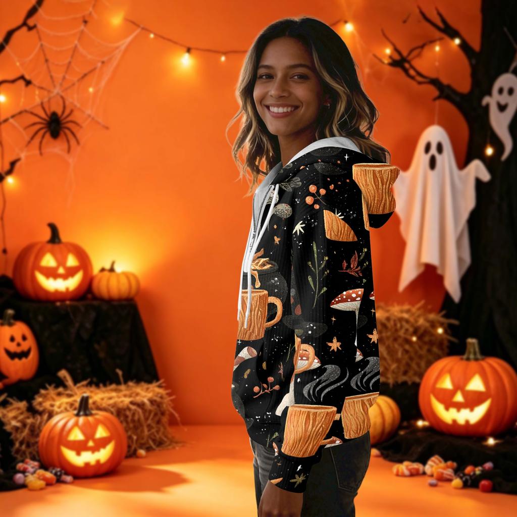 Women's Long Sleeve Hoodie Sweatshirt with Halloween Print for Casual Wear