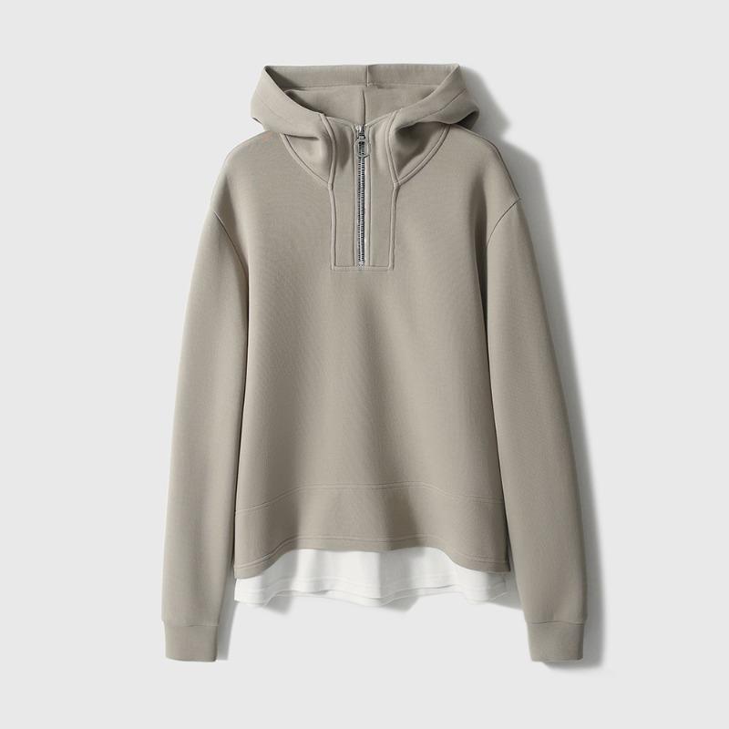 Air layer fake two-piece hooded sweater women's casual simple zipper pullover jacket top, season women's clothing
