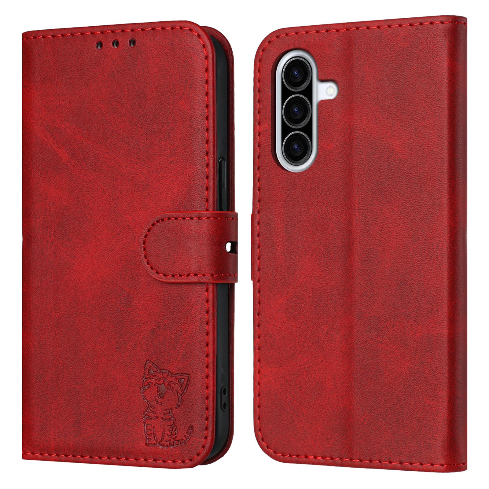 

For Samsung Galaxy A17 5G/A26 5G Case Happy Cat Pattern Imprinted Leather Wallet Phone Cover Red