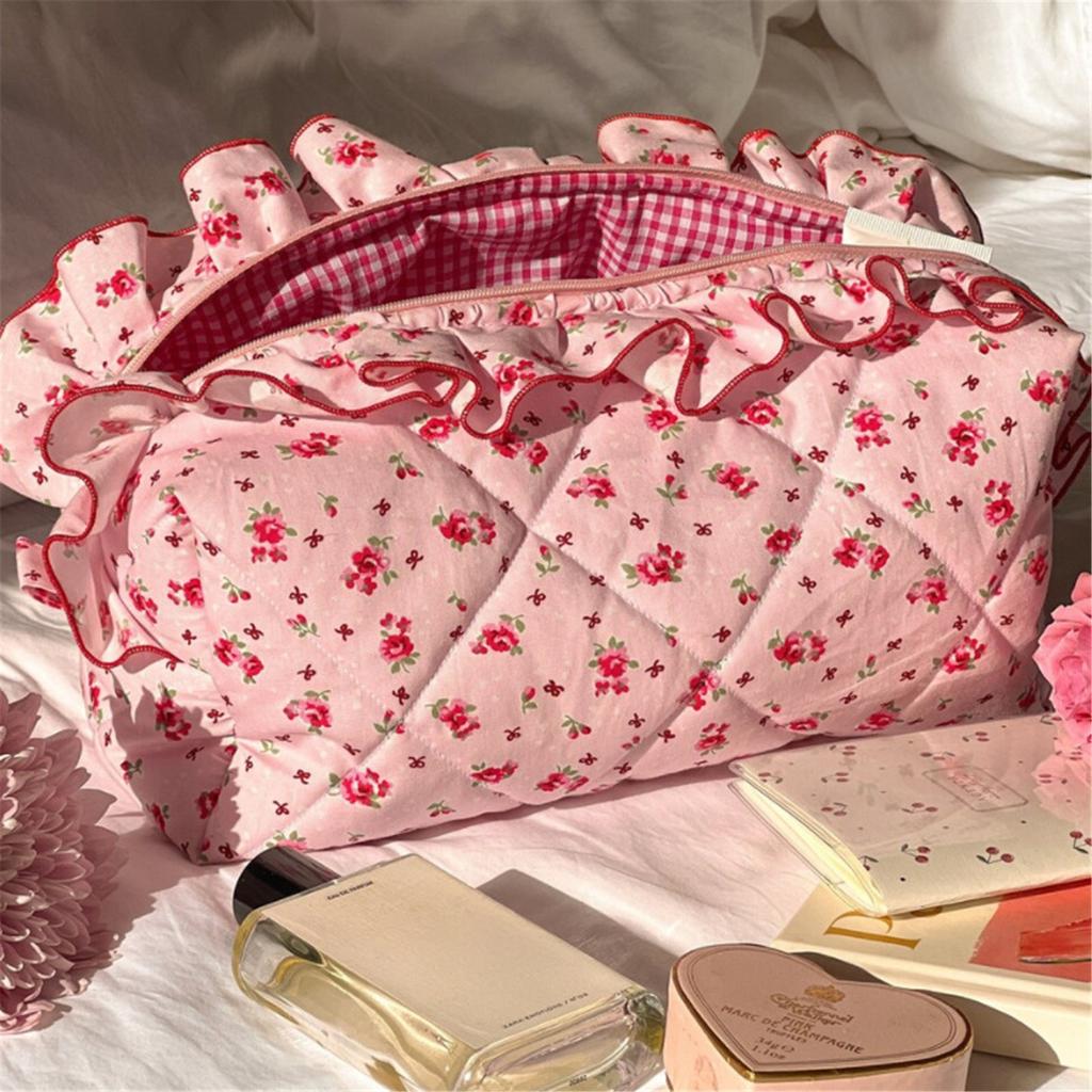 Ruffles Floral Women Cosmetic Bag Zipper Wash Bag Makeup Organizer Case Large Capacity Lipstick Storage Bag Travel Toiletry Bag