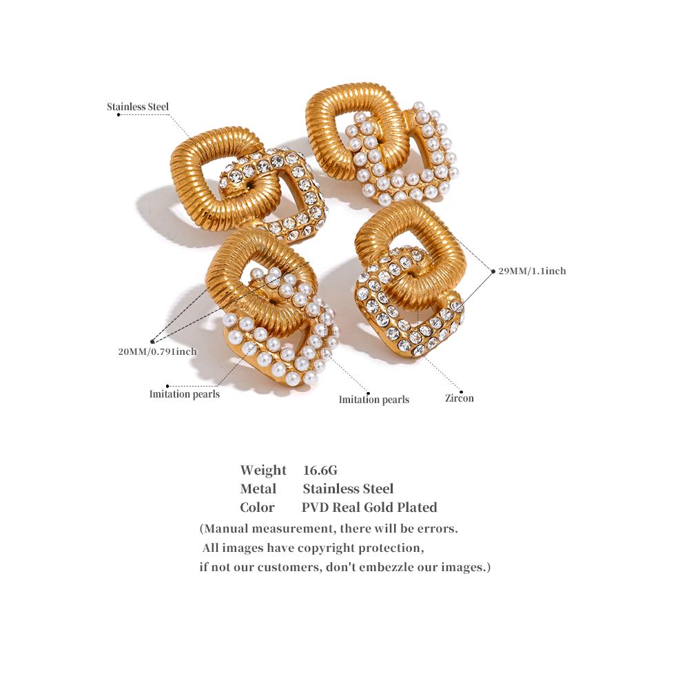 Yhpup Geometric Vintage Square Fashion Stud Earrings Women Stainless Steel Golden Imitation Pearl Cubic Zirconia Jewelry Gift