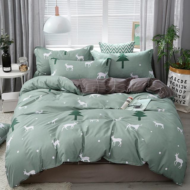 Fashion Bedding Set White Green Double Bed Linens Quilt Duvet Cover Pillowcase Queen Size Flat Sheet Classic Grid for Girl Boy