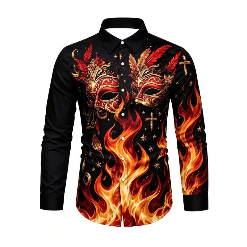 Men's Pink Floral Half Contrasting Fake 3D Printed Pattern Long Sleeved Shirt with Hanging Collar Top Clothing
