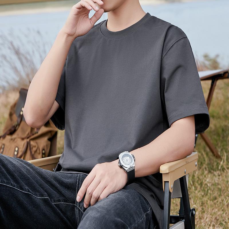 

Мужская футболка из плотного хлопка однотонная с широким воротником - Летняя с коротким рукавом повседневная американская майка M