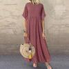 Women Casual Summer Beach Sundress Maxi Long Dress Short Sleeve Crew Neck Dot Print Pleated Swing