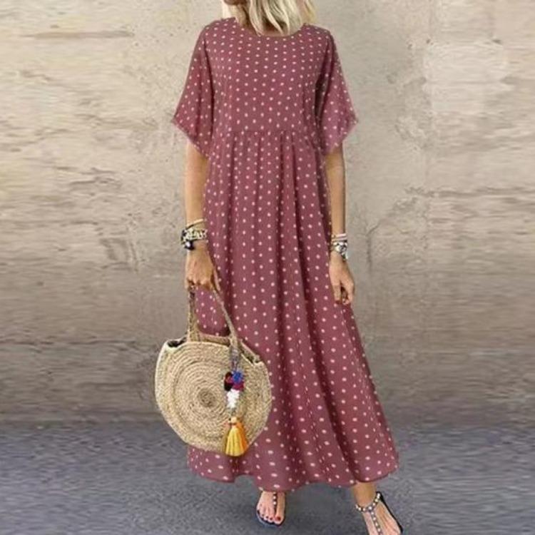 Women Casual Summer Beach Sundress Maxi Long Dress Short Sleeve Crew Neck Dot Print Pleated Swing