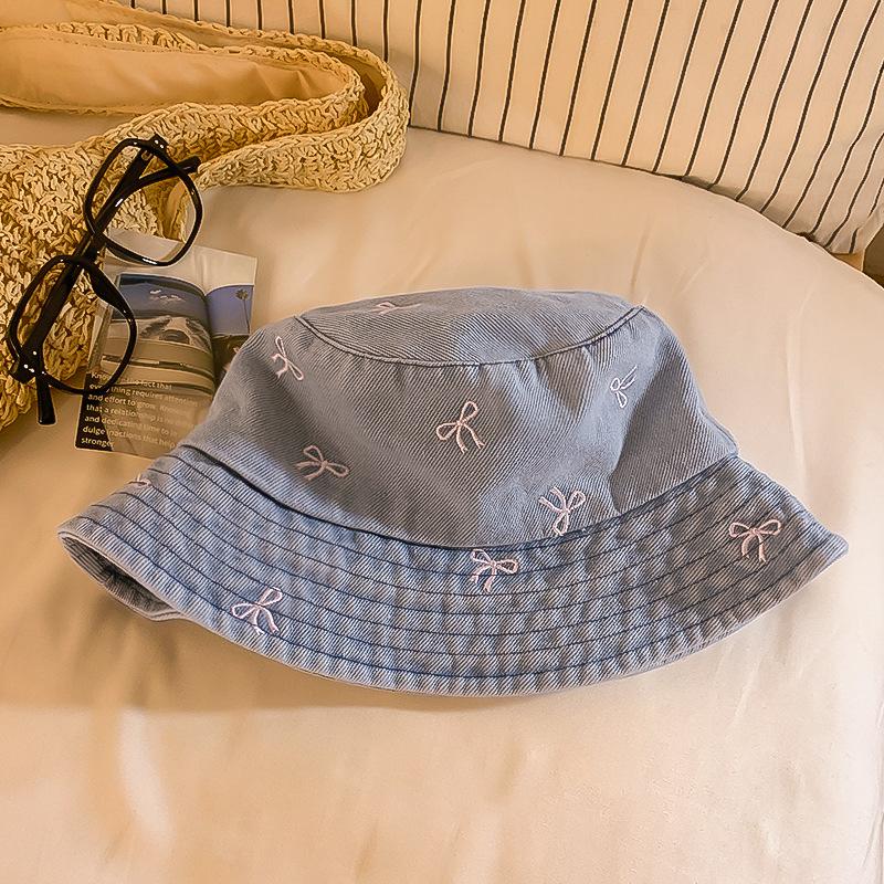Washed Bow Denim Bucket Hat Women's Summer Big Head Circumference Washbasin Hat Sunshade Sunscreen Hat